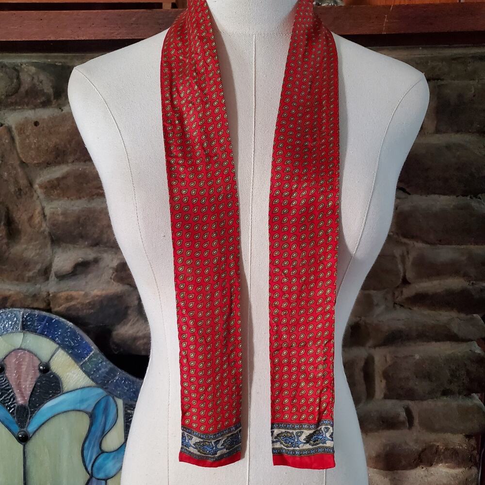 Vintage Echo Silk Scarf Skinny Mini Red Paisley Micro Medallion Japan 43x2